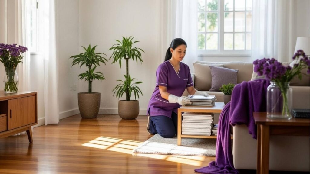 Mulher com uniforme roxo e luvas brancas organiza toalhas dobradas em uma sala iluminada, com sofá claro, plantas em vasos e decoração com flores roxas.