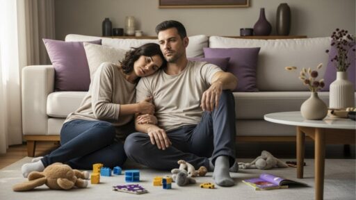 Casal de pais com aparência abatida sentados no tapete da sala de estar, cercados por brinquedos espalhados. A mulher apoia a cabeça no ombro do marido, ambos olhando para o vazio, simbolizando o esgotamento físico e mental típico do final de um dia rotineiro com filhos pequenos.