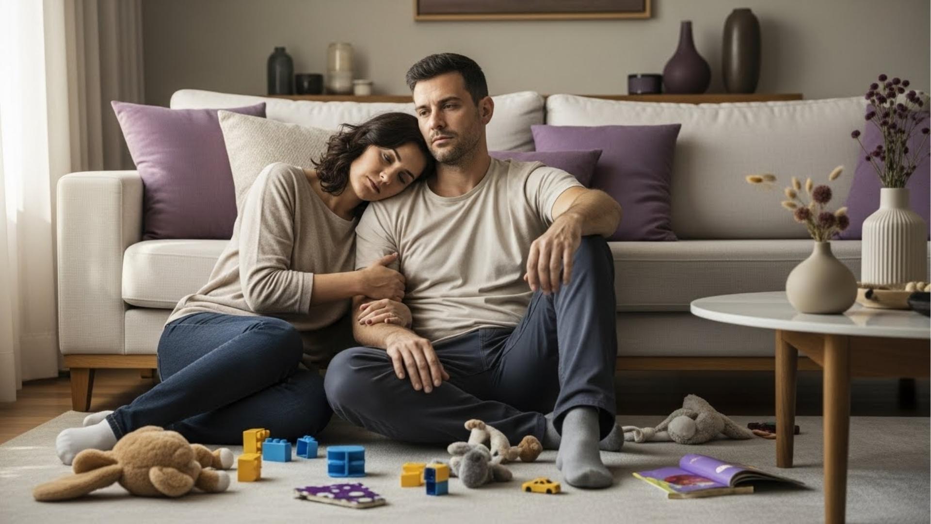 Casal de pais com aparência abatida sentados no tapete da sala de estar, cercados por brinquedos espalhados. A mulher apoia a cabeça no ombro do marido, ambos olhando para o vazio, simbolizando o esgotamento físico e mental típico do final de um dia rotineiro com filhos pequenos.