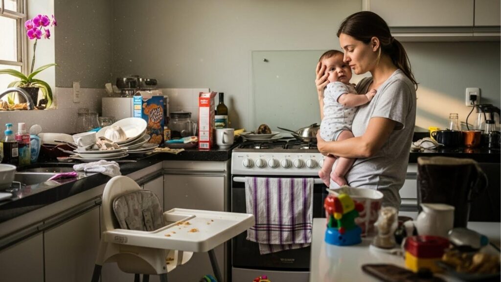 Mãe com expressão de exaustão segurando um bebê no colo, parada em frente a uma pia transbordando de louça suja e restos de comida. A cena retrata a realidade crua da sobrecarga materna e a dificuldade de conciliar os cuidados com o filho e as tarefas domésticas acumuladas.