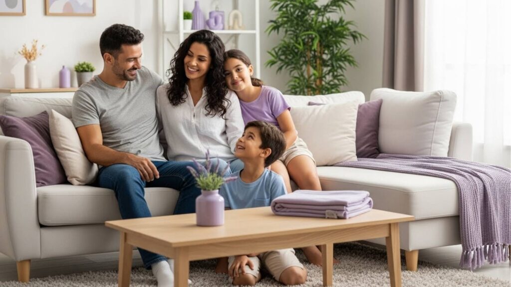 Família feliz composta por pai, mãe e dois filhos sentada confortavelmente em um sofá branco impecável. A sala é iluminada e perfeitamente decorada, representando o ideal de harmonia familiar e bem-estar em uma casa organizada.