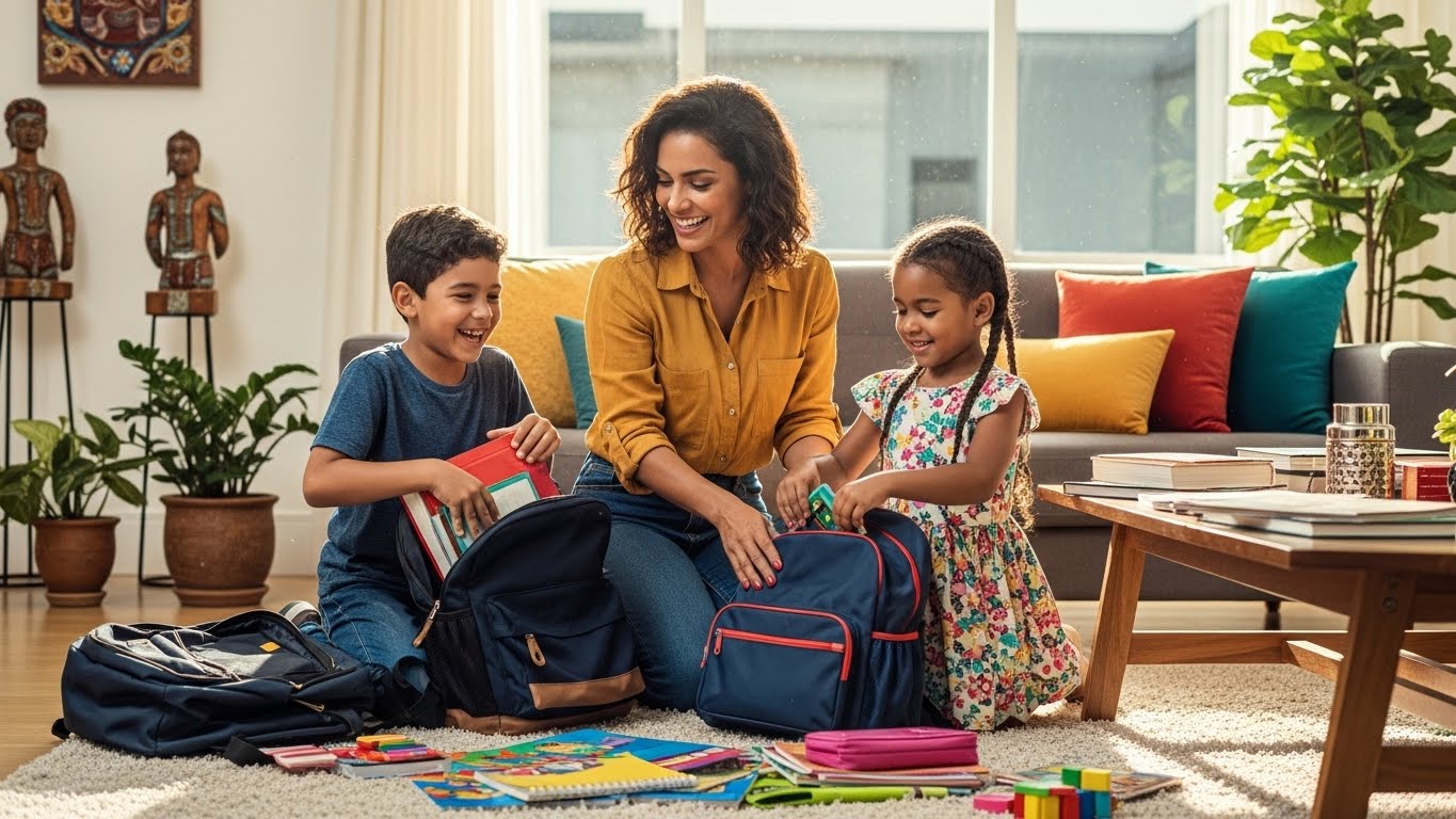 Mulher e duas crianças sorridentes organizam materiais escolares e mochilas sentados no chão da sala, rodeados por livros e itens coloridos.