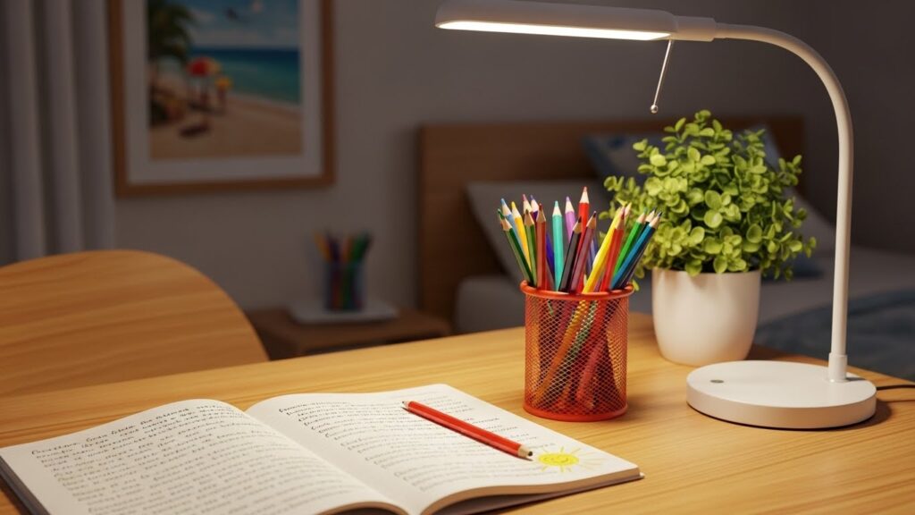Mesa de estudos com caderno aberto, lápis de cor em porta-lápis vermelho, luminária acesa e vaso com planta, em ambiente decorado com quadro de praia.