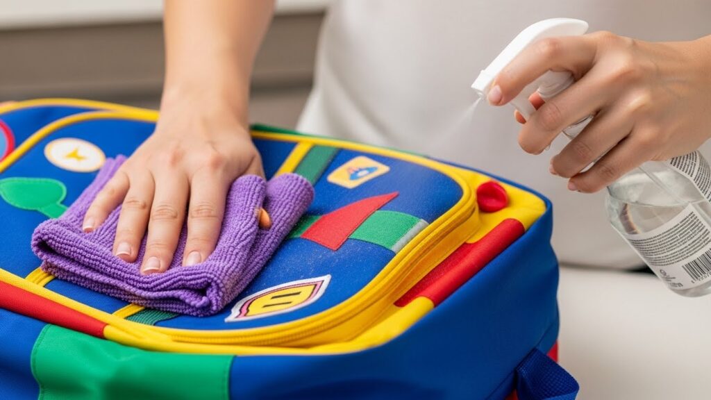 Mãos limpando uma mochila escolar colorida com pano roxo e borrifador transparente.