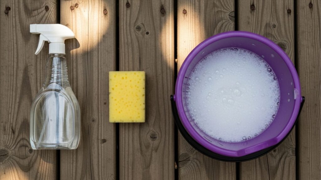 Kit de limpeza contendo um borrifador, uma esponja amarela e um balde roxo com água e sabão sobre um deck de madeira.
