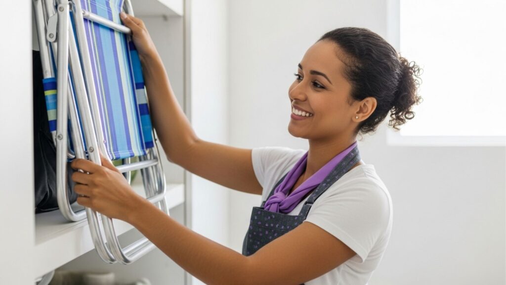 Mulher sorridente guardando uma cadeira de praia dobrável listrada de azul em uma prateleira de armário branco.