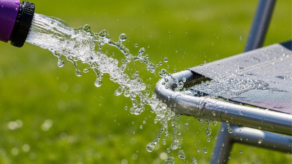 Jato de água de uma mangueira enxaguando o tecido e a estrutura de alumínio de uma cadeira de praia sobre um gramado.