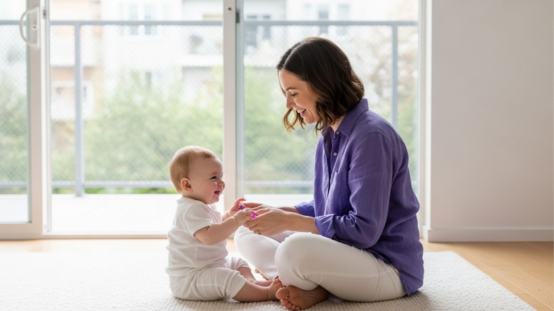 Mãe e bebê brincando sorridentes no chão da sala de estar, com uma porta de vidro protegida por tela mosquiteira ao fundo.