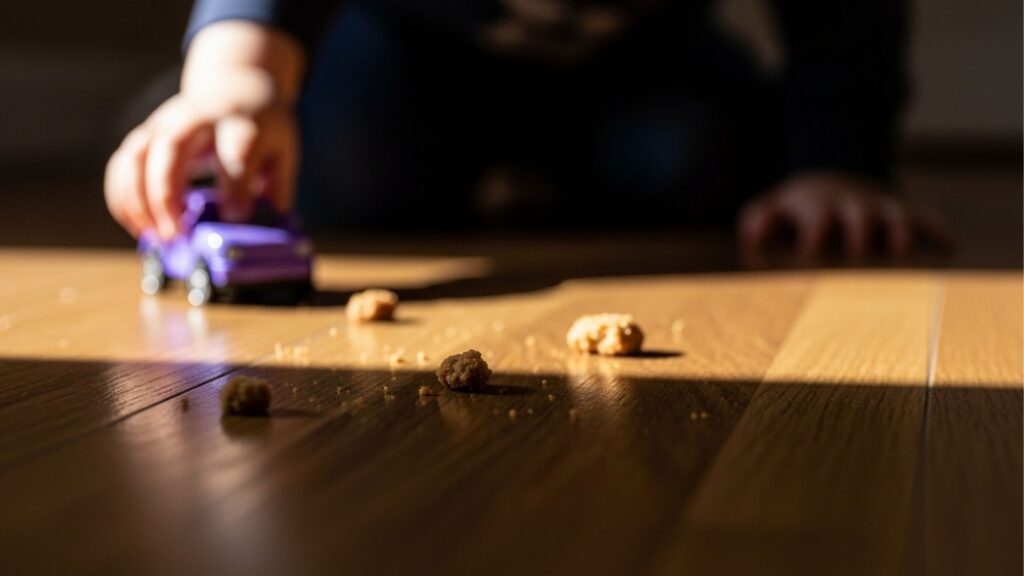Detalhe de migalhas de comida espalhadas sobre o chão de madeira iluminado pelo sol, com uma criança brincando desfocada ao fundo.