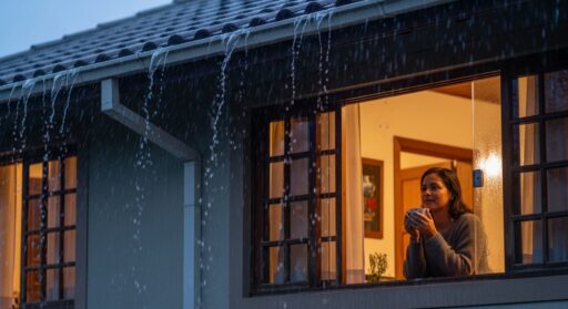 Mulher observa a chuva pela janela enquanto a água transborda da calha do telhado da casa.