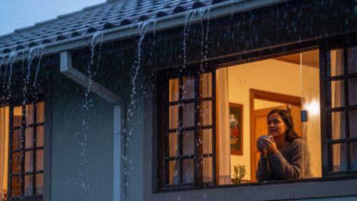 Mulher observa a chuva pela janela enquanto a água transborda da calha do telhado da casa.