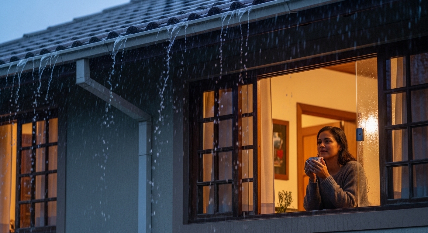 Mulher observa a chuva pela janela enquanto a água transborda da calha do telhado da casa.