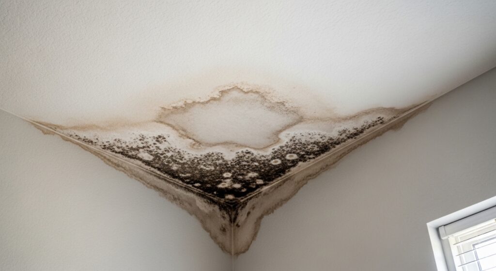 Grande mancha de infiltração e acúmulo de mofo escuro no canto de um teto branco de gesso.