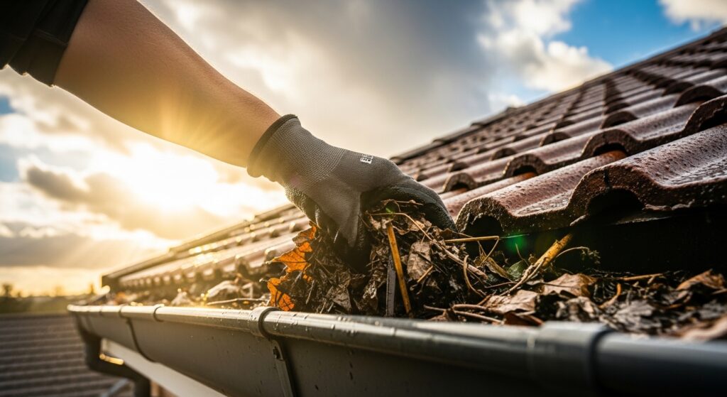Pessoa usando luvas retira um acúmulo de folhas secas de dentro da calha do telhado.