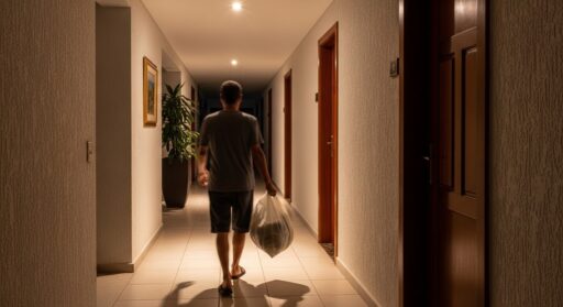 Vista de costas de um homem caminhando pelo corredor de um prédio residencial carregando um saco de lixo plástico para descarte.