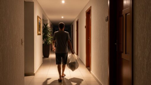 Vista de costas de um homem caminhando pelo corredor de um prédio residencial carregando um saco de lixo plástico para descarte.