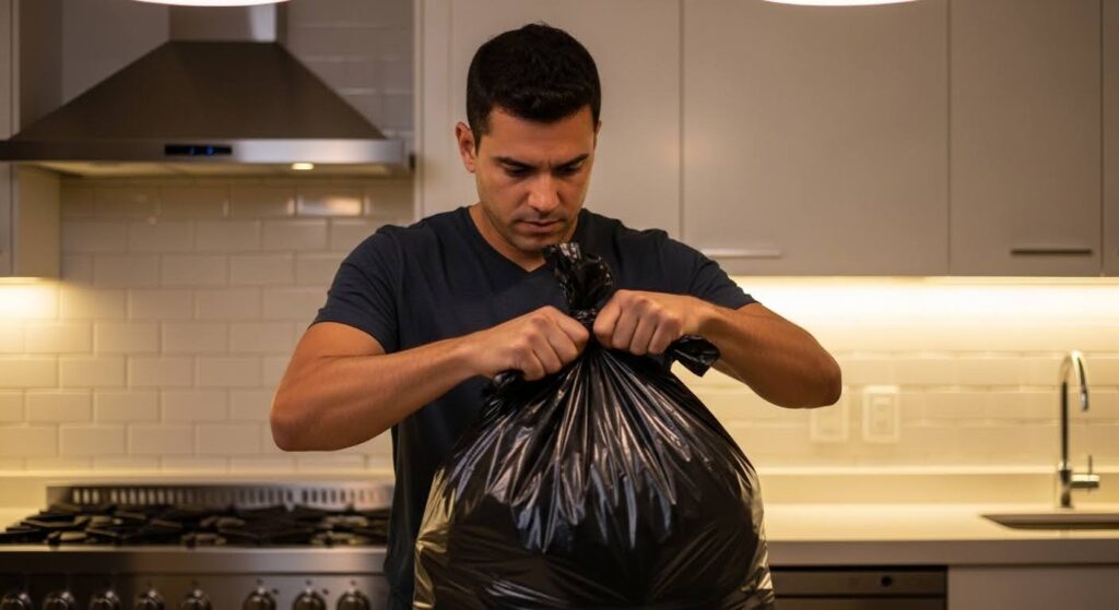 Homem em uma cozinha moderna amarrando um saco de lixo preto reforçado, demonstrando o descarte correto de resíduos domésticos.