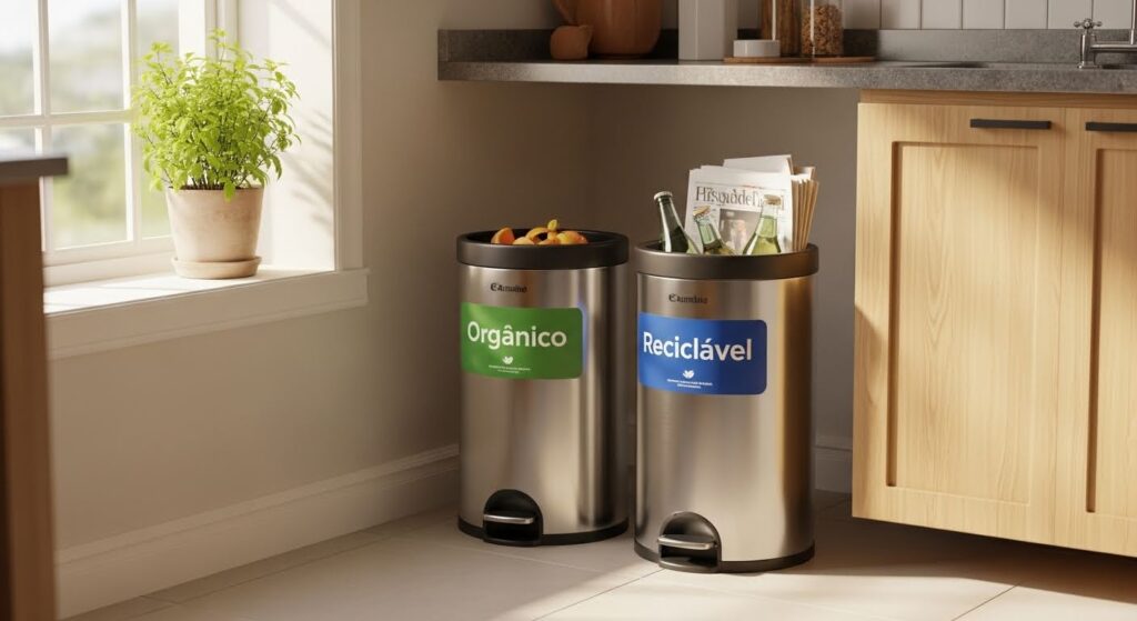 Lixeiras de aço inoxidável para coleta seletiva em uma cozinha iluminada, com etiquetas indicando "Orgânico" (verde) e "Reciclável" (azul), contendo restos de frutas e papéis.
