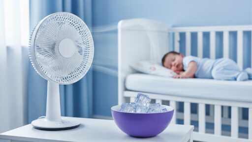 Ventilador de mesa soprando ar sobre uma tigela com gelo para refrescar o quarto de um bebê que dorme no berço.