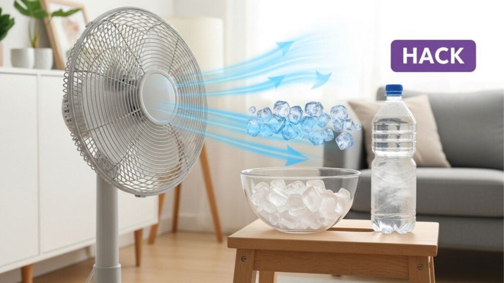 Truque caseiro para dias quentes com ventilador soprando ar sobre uma tigela de gelo e uma garrafa de água, com ilustração do fluxo de ar gelado.
