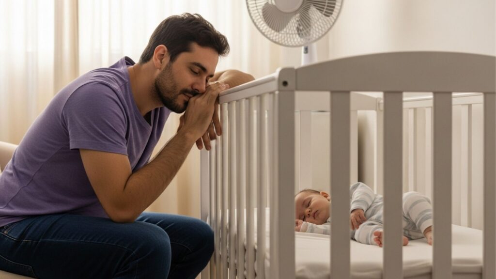 Pai descansando encostado no berço do seu bebê enquanto a criança dorme, com um ventilador de chão ao fundo do quarto.