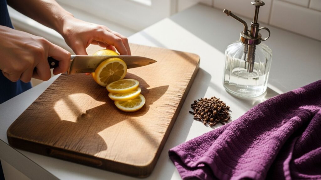 Close-up de mãos cortando limão em fatias sobre uma tábua de madeira ao lado de um monte de cravos-da-índia, ingredientes usados para fazer repelente caseiro contra insetos.