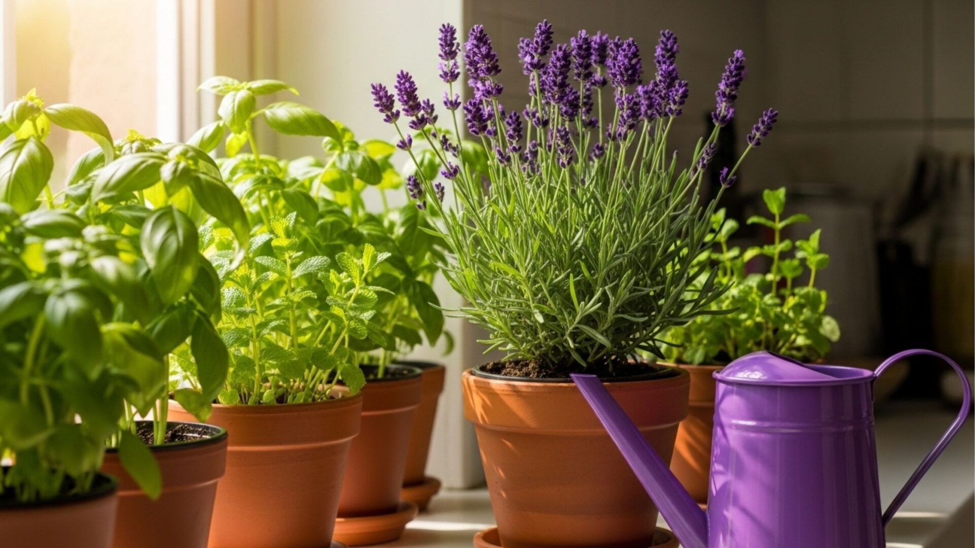 Fileira de vasos de barro na janela com plantas repelentes naturais, incluindo manjericão e lavanda com flores roxas, ao lado de um regador lilás.