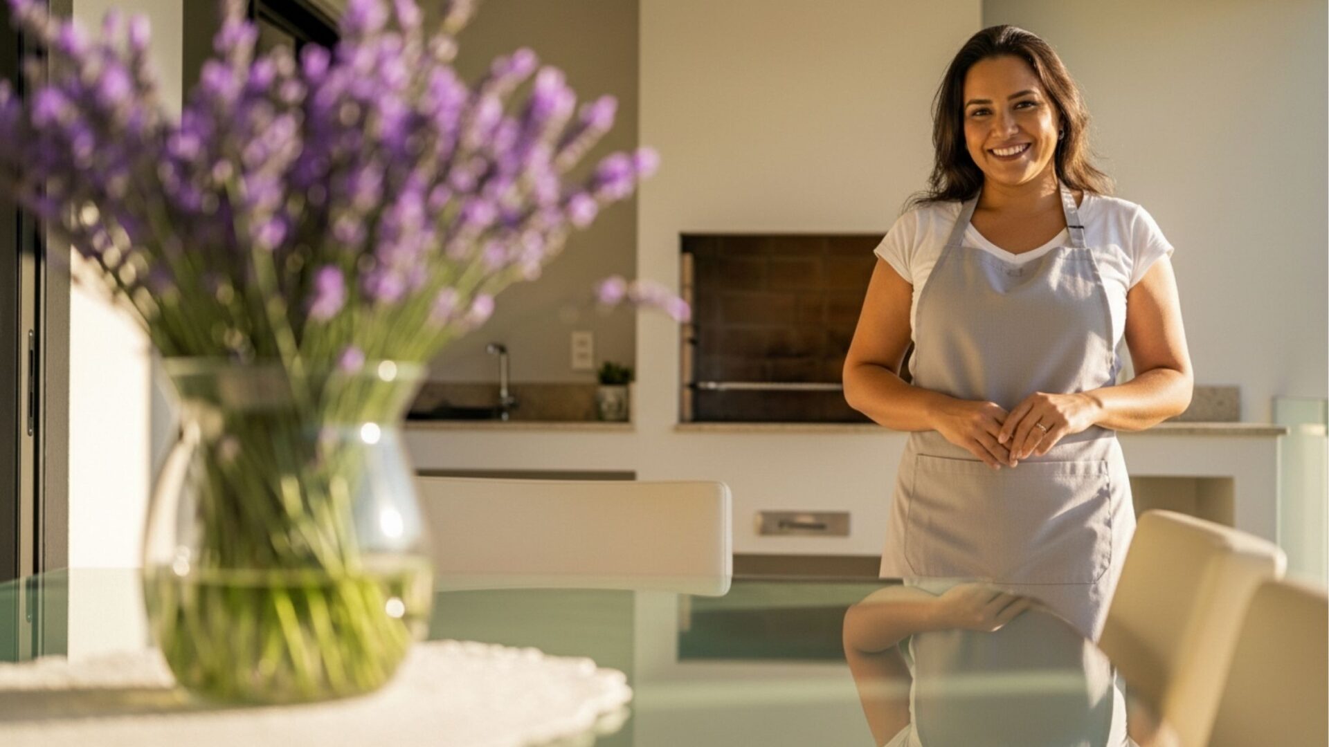 Mulher sorridente com avental cinza em uma área de lazer gourmet moderna, com vaso de lavandas em primeiro plano e churrasqueira ao fundo.