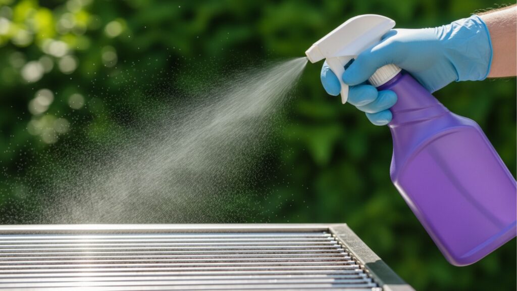 Close de mão com luva azul borrifando produto de limpeza em spray roxo sobre grelha de churrasqueira em área externa ensolarada.