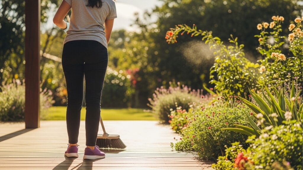 Mulher de costas varrendo deck de madeira em jardim residencial com flores e iluminação natural de fim de tarde.