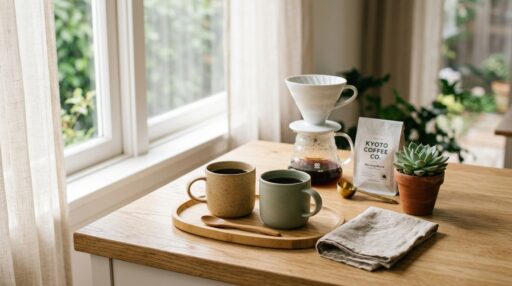 Cantinho do café moderno em bancada branca com cafeteira de cápsulas preta, bandeja de bambu com duas xícaras de café expresso, pote de grãos e suculenta. Ao fundo, janela iluminada com vista para jardim e plantas ornamentais.