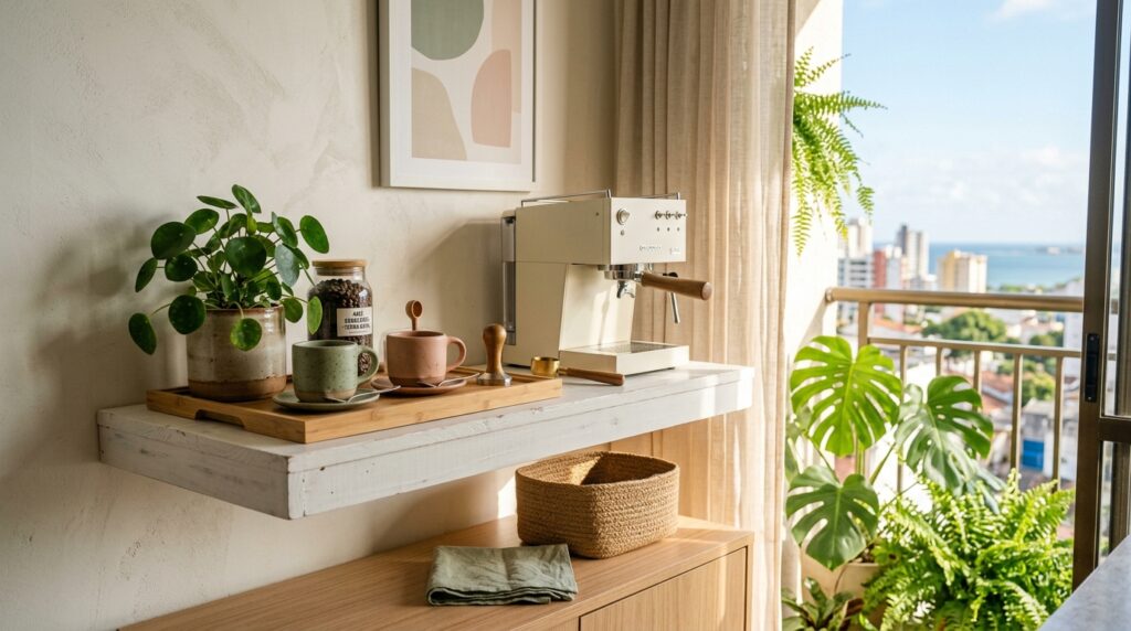 Decoração de cantinho do café em prateleira flutuante branca com cafeteira expresso retrô bege, xícaras de cerâmica coloridas e planta Pilea. Ambiente iluminado com luz natural e vista para varanda com plantas Monstera.