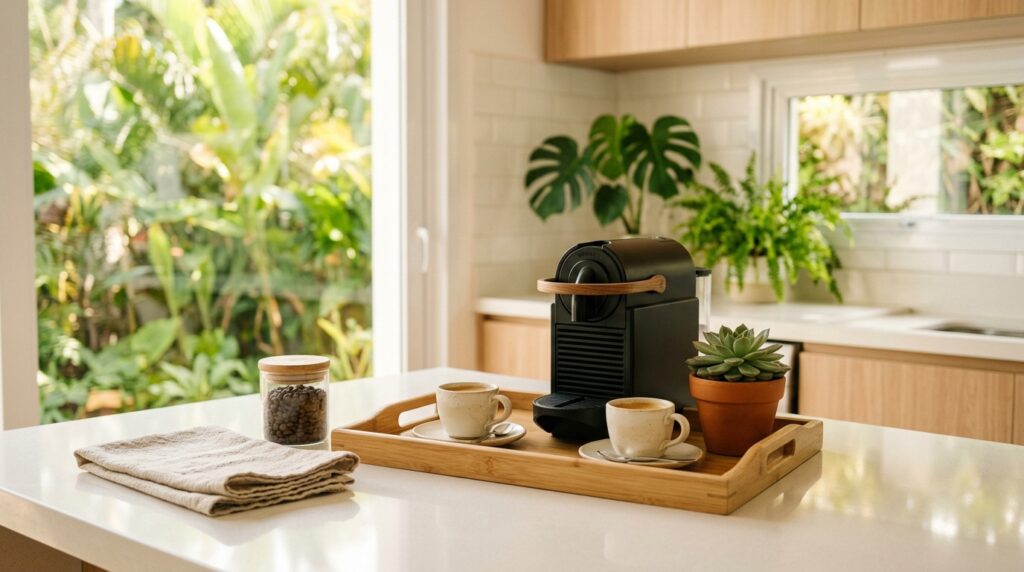 Estação de café coado em mesa de madeira clara com método Hario V60, jarra de vidro, pacote de café artesanal e duas canecas de cerâmica fosca em bandeja oval. Estilo minimalista com luz suave de janela.