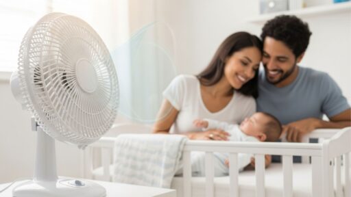 Ventilador de mesa branco ligado em um quarto de bebê, com pais sorrindo ao fundo perto do berço. O ambiente está limpo e bem iluminado.