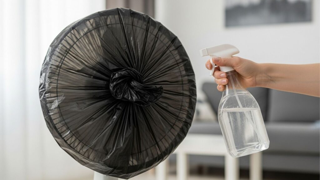 Close de uma mão segurando um frasco de spray com solução de limpeza caseira em frente a um ventilador de mesa coberto por um saco plástico preto para limpeza prática.