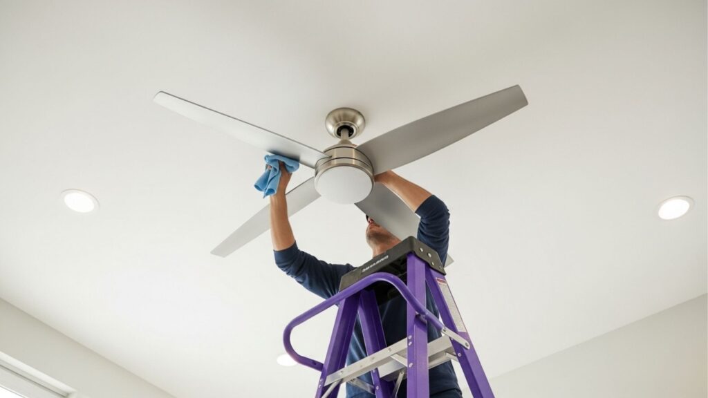 Homem em cima de uma escada roxa limpando as pás de um ventilador de teto moderno com um pano azul úmido em uma sala com iluminação embutida.