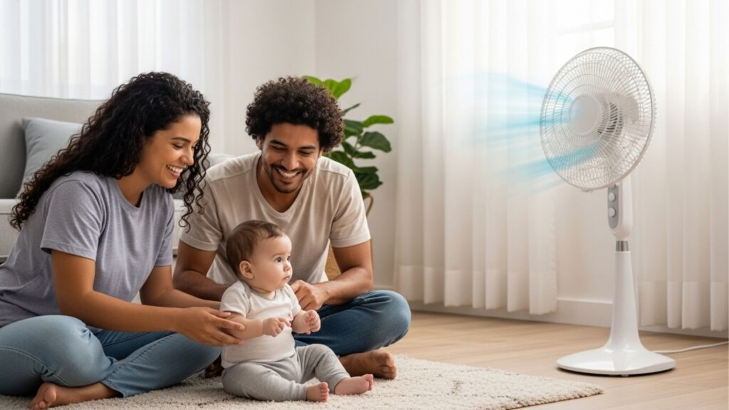 Família feliz com um bebê sentada no chão da sala, aproveitando o ar fresco de um ventilador de coluna branco recém-limpo.