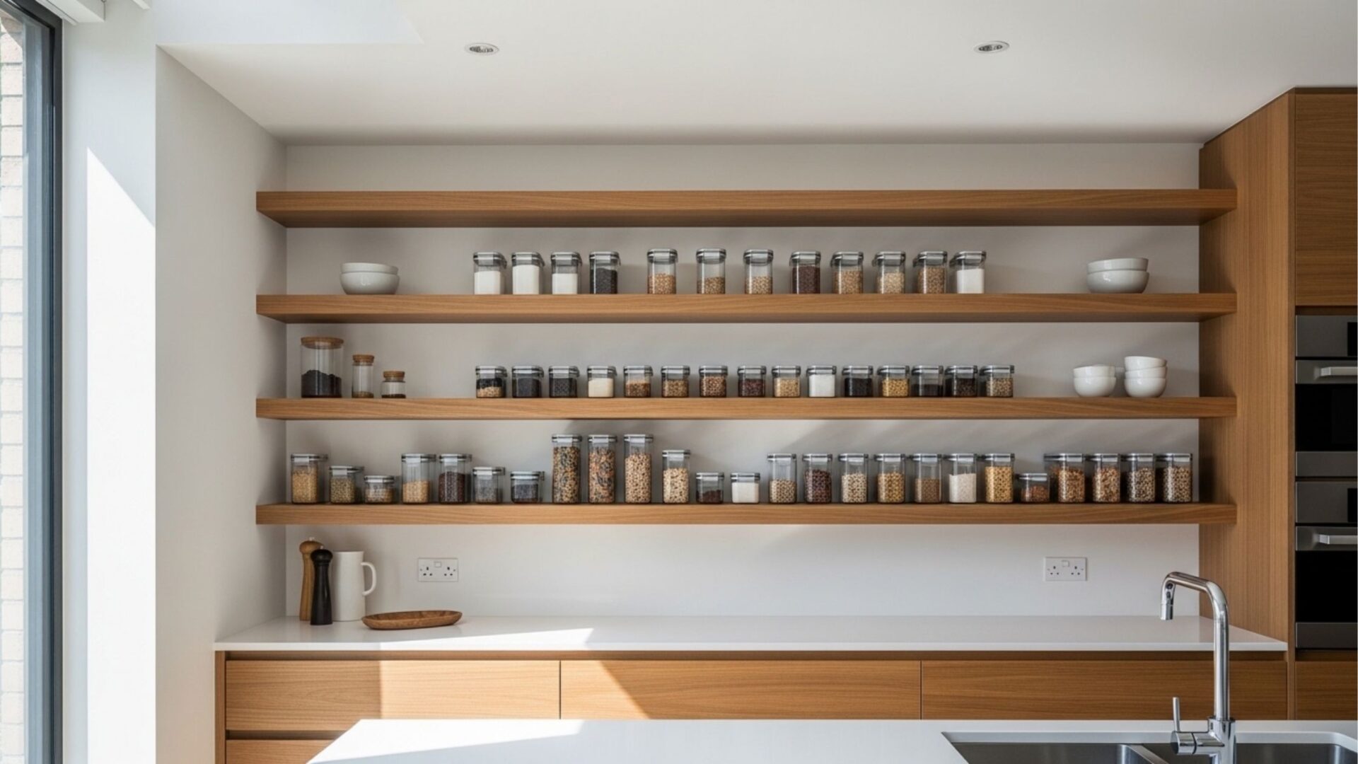 Fotografia frontal de uma cozinha moderna, bem iluminada e minimalista. O destaque vai para três prateleiras flutuantes de madeira longa em uma parede branca, perfeitamente organizadas com dezenas de potes de vidro padronizados, contendo variados grãos, massas e cereais. Há também algumas tigelas brancas distribuídas. Abaixo, uma bancada branca "clean" com armários de madeira clara combinando com as prateleiras, uma torneira moderna à direita e iluminação natural forte entrando por uma janela à esquerda. O visual transmite extrema ordem e tranquilidade.