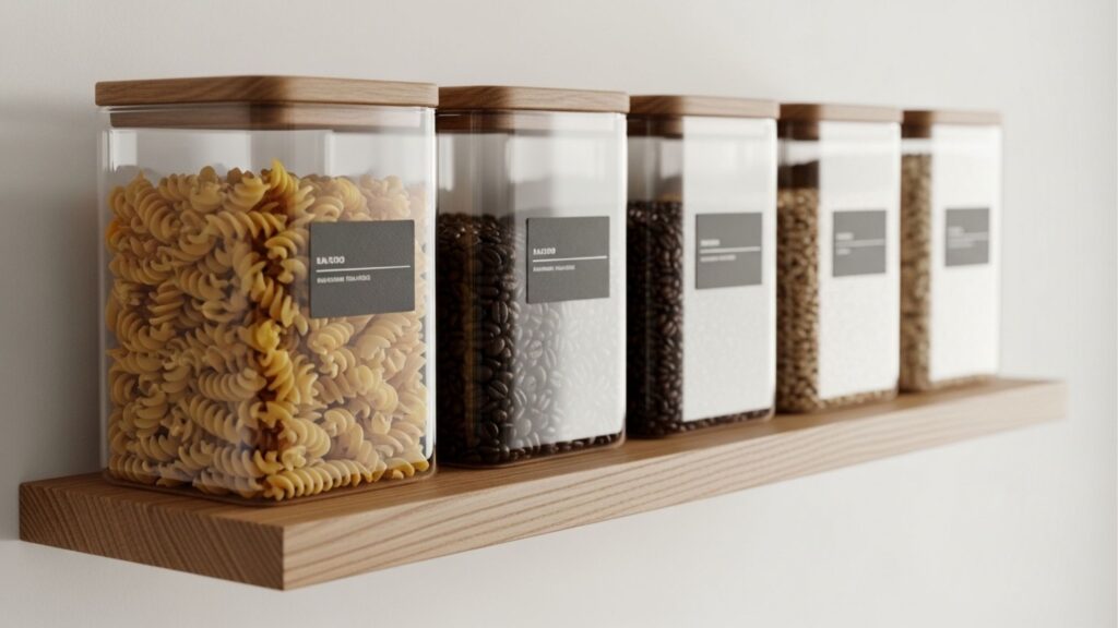 Fotografia em close-up de uma prateleira flutuante de madeira clara fixada em uma parede branca. Sobre ela, estão perfeitamente alinhados cinco potes de vidro transparente de formato quadrado, com tampas planas de madeira. Cada pote possui uma etiqueta preta minimalista colada na frente. Da esquerda para a direita, é possível ver que os potes armazenam: macarrão tipo fusilli, grãos de café, grãos escuros (como feijão ou lentilha), arroz branco e outro grão claro. A imagem foca na estética impecável de uma despensa organizada.
