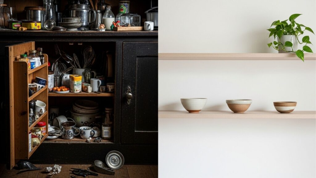 Imagem dividida ao meio exibindo um contraste extremo de organização na cozinha. O lado esquerdo mostra um armário de madeira escura antigo, superlotado e caótico, com louças, panelas, potes e utensílios amontoados sem critério, havendo até itens caídos no chão escuro. O lado direito mostra o oposto: um cenário minimalista, iluminado e sereno, com uma parede branca e duas prateleiras de madeira clara; a prateleira de baixo contém apenas três pequenas tigelas de cerâmica rústica alinhadas, e a de cima possui apenas um vaso branco com uma planta verde pendente (jibóia).