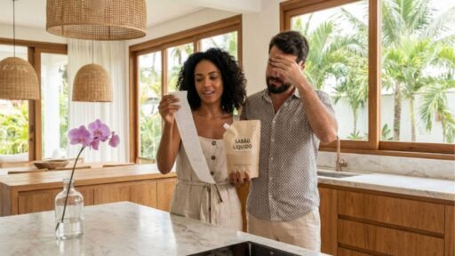Fotografia de um casal em pé atrás de uma bancada de mármore em uma cozinha moderna e rústica, banhada por luz natural. Uma mulher negra com cabelo cacheado lê atentamente um longo recibo de papel branco, enquanto um homem ao lado dela, visivelmente preocupado com a mão no rosto, segura um pacote de refil "pouch" de sabão líquido. Vaso com orquídeas lilás e grandes janelas com plantas tropicais completam a cena.