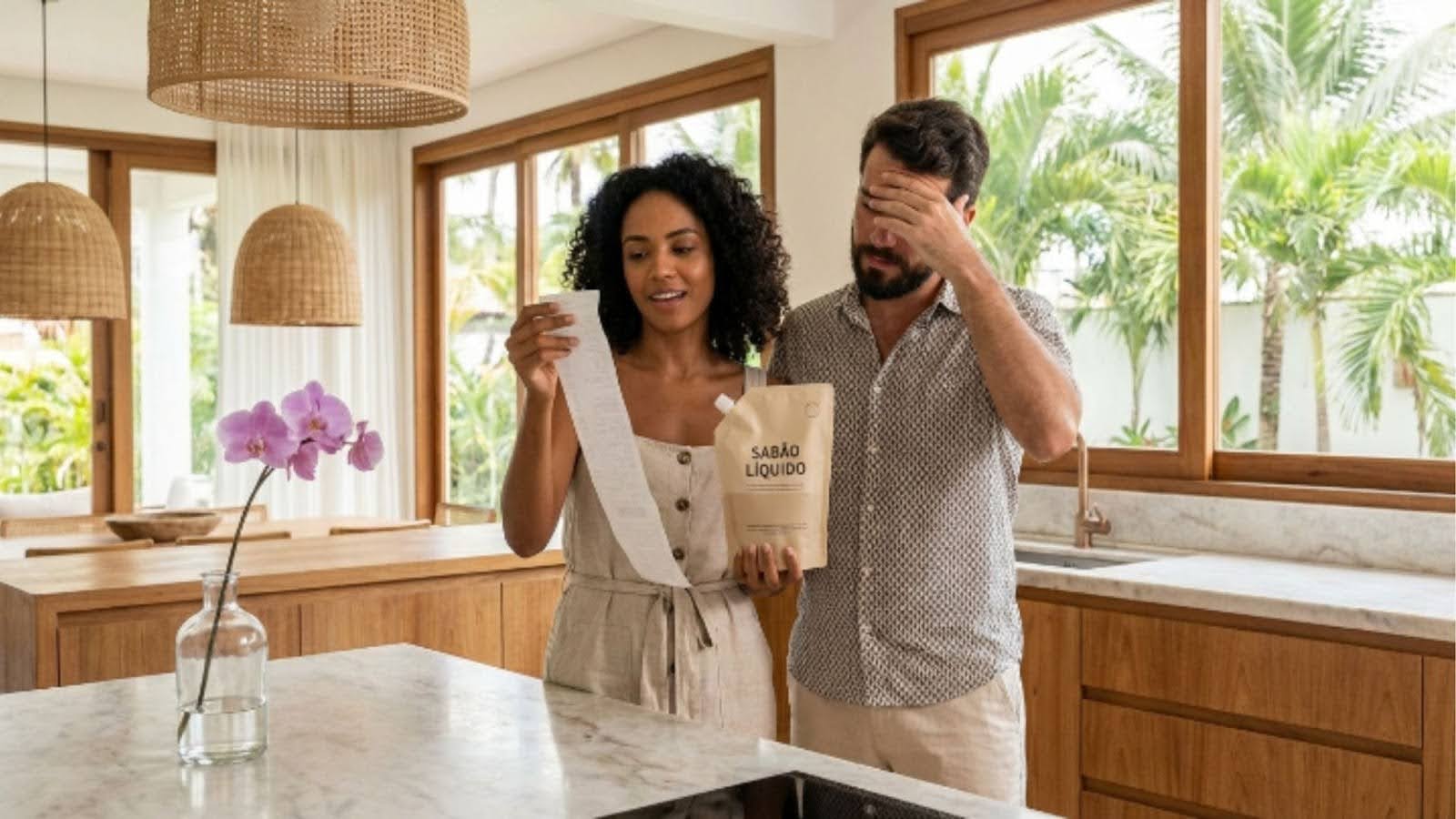 Fotografia de um casal em pé atrás de uma bancada de mármore em uma cozinha moderna e rústica, banhada por luz natural. Uma mulher negra com cabelo cacheado lê atentamente um longo recibo de papel branco, enquanto um homem ao lado dela, visivelmente preocupado com a mão no rosto, segura um pacote de refil "pouch" de sabão líquido. Vaso com orquídeas lilás e grandes janelas com plantas tropicais completam a cena.