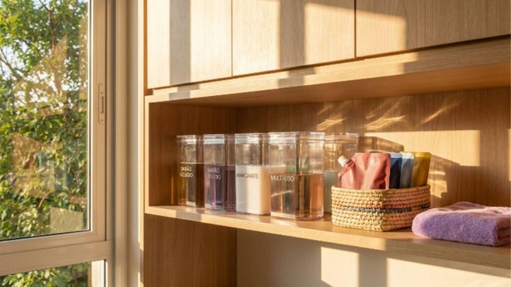 Uma fotografia de perto e bem iluminada pelo sol de prateleiras de madeira organizadas em uma lavanderia doméstica. Quatro potes de plástico transparente com rótulos manuscritos/impressos como "SABÃO LÍQUIDO", "AMACIANTE" e "MULT-USO" estão perfeitamente alinhados, contendo líquidos de cores diferentes. Ao lado dos potes, há uma cesta de vime cheia de pacotes de refil "pouch" coloridos e flexíveis. Uma janela grande à esquerda mostra folhagens verdes ao sol.