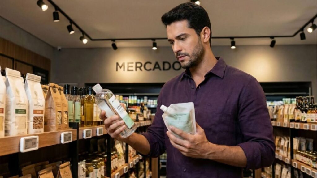 Uma fotografia de plano médio de um homem com barba, vestindo uma camisa de botão roxa, em um corredor de supermercado moderno e bem iluminado. Ele está centralizado, com uma expressão concentrada, segurando e comparando uma garrafa de plástico transparente com líquido e um pacote de refil tipo "pouch" flexível de cor clara. Prateleiras de madeira cheias de produtos variados cercam-no, e ao fundo, no topo, uma placa preta com texto iluminado "MERCADO" é visível. A luz do sol poente ou nascente entra pela janela à direita, criando sombras e um brilho quente na madeira e nos potes.
