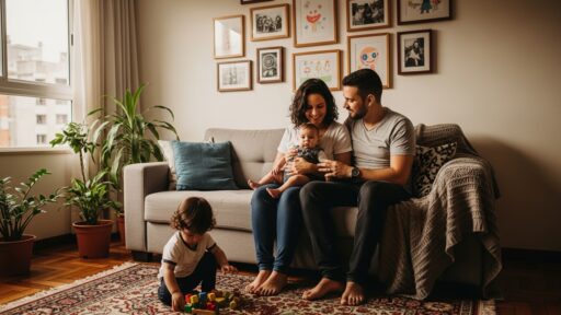 Família feliz sentada em sofá cinza em sala com decoração afetiva, destacando parede com galeria de fotos e desenhos infantis emoldurados, tapete persa e plantas naturais.
