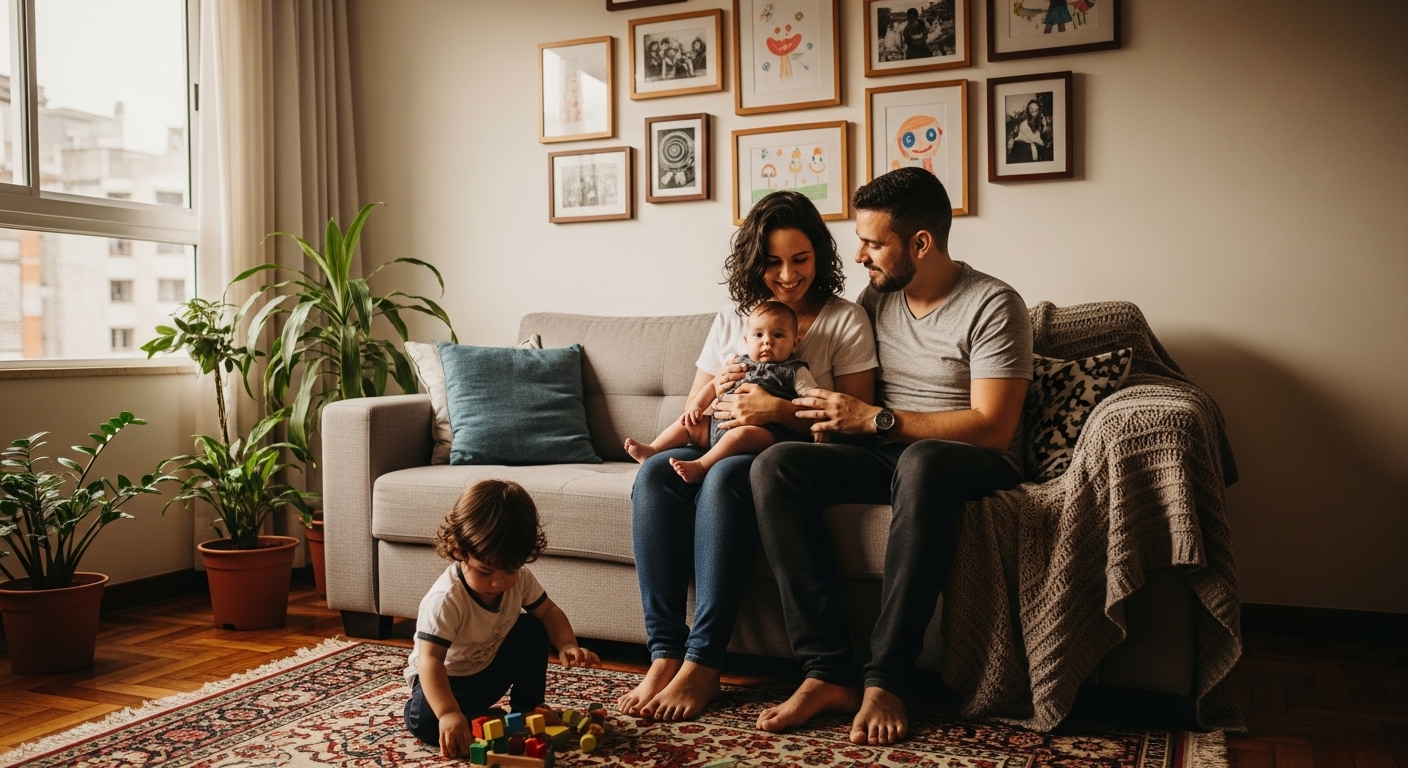 Família feliz sentada em sofá cinza em sala com decoração afetiva, destacando parede com galeria de fotos e desenhos infantis emoldurados, tapete persa e plantas naturais.