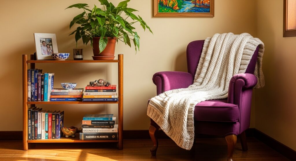 Cantinho de leitura com poltrona roxa, manta de tricô branca e estante de madeira com livros, plantas e fotos de família, exemplificando o conceito de casa com alma.