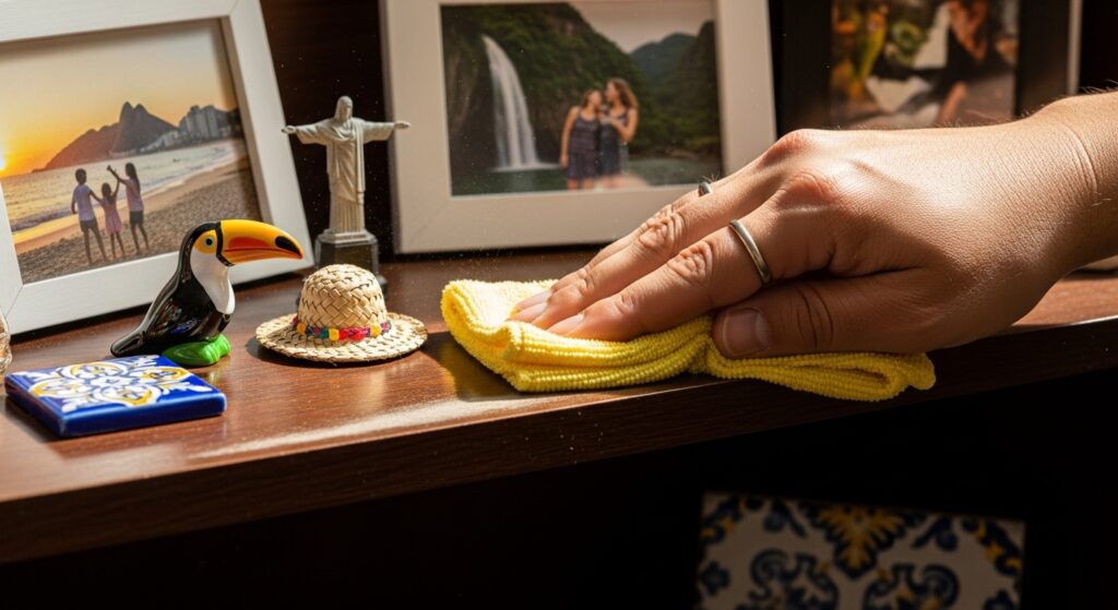 Close de mão limpando móvel de madeira com pano amarelo, cercado por objetos de decoração afetiva como estatueta do Cristo Redentor, tucano, fotos de viagens e lembranças de momentos especiais.