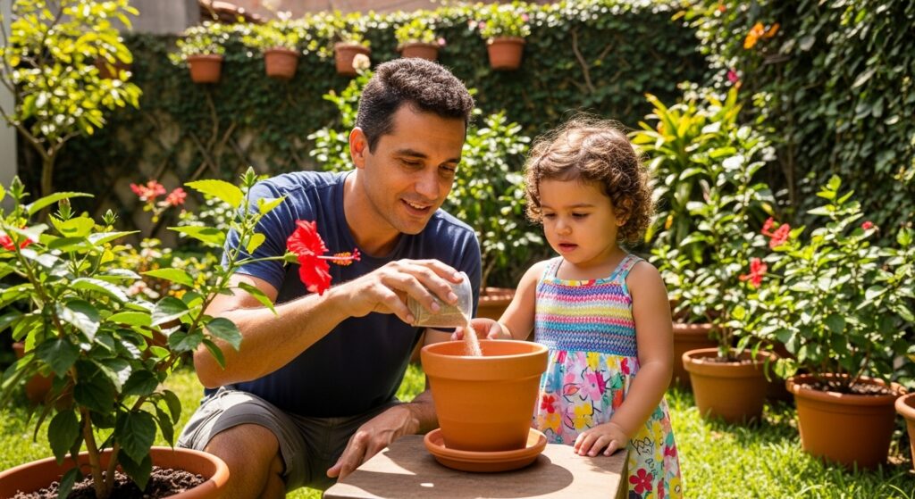 Homem e criança colocando areia no prato de um vaso de planta em um jardim. Ação educativa de prevenção contra a dengue para evitar o acúmulo de água parada.