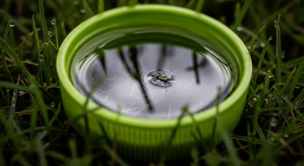 Foco em tampa plástica verde descartada na grama acumulando água da chuva, servindo de criadouro para mosquitos. Exemplo de risco para proliferação de doenças.